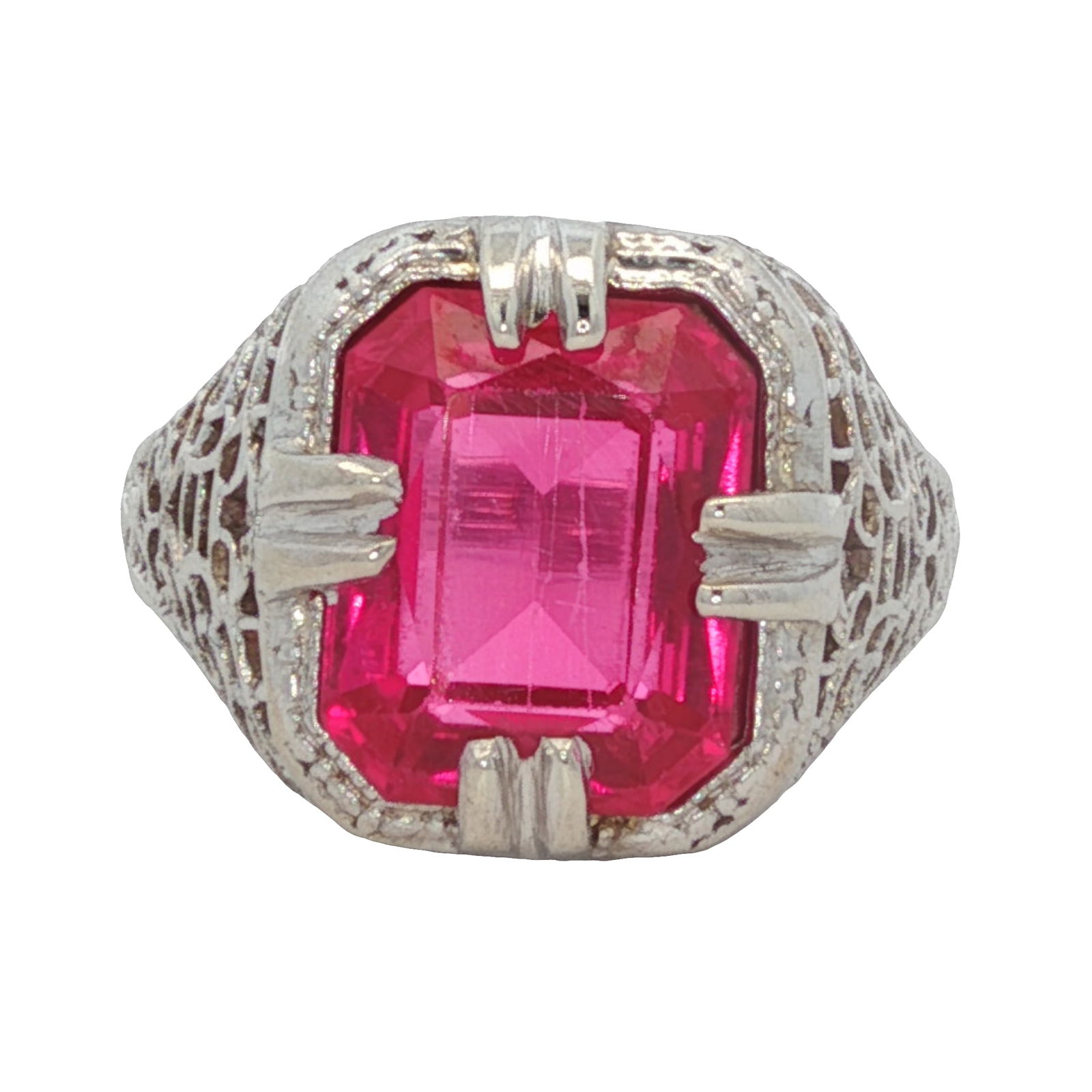 Vintage Pink Stone Filigree Ring in 14K White Gold: Vintage, Metal type: 14k white gold, Gemstone: Pink stine - approximately 8 x 10 mm, Design: Filigree ring, Size: US 6.25, Weight: 3.2 grams