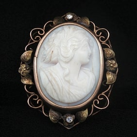 Vintage Cameo Brooch with Diamond in 10K Yellow Gold
