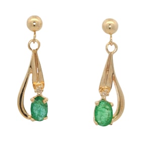 Vintage Emerald and Diamond Earrings in 14K Yellow Gold
