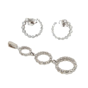 Triple "O" Circle pendant and Circle Stud Earrings with Diamond in 10K White Gold