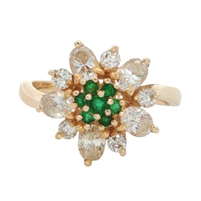 Emerald and Diamond Flower Ring in 14K Yellow Gold