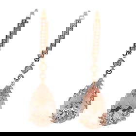 5.0 CTW Pear Morganite and Diamond Dangle Earrings in 14K Rose Gold: Circa: 2000s, Metal type: 14k rose gold, Gemstones: 5.0cttw pear cut morganite and .30cttw round diamond G color, VS clarity, Measurement: 1.5" Length, Weight: 5.7 grams