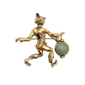 Circa 1960s Vintage Faux Jade Oleg Cassini Asian Water Carrier Brooch in Gold Tone