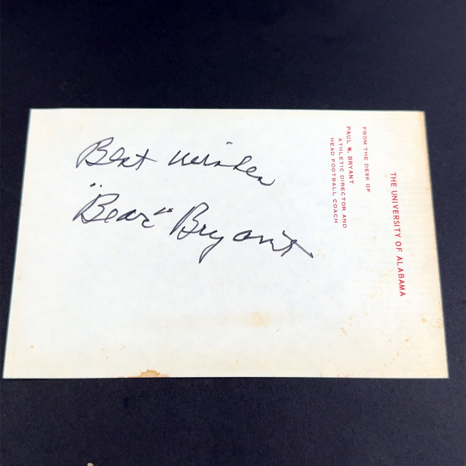 Bear Bryant University of Alabama Autographed Letterhead: Bear Bryant University of Alabama Autographed Letterhead