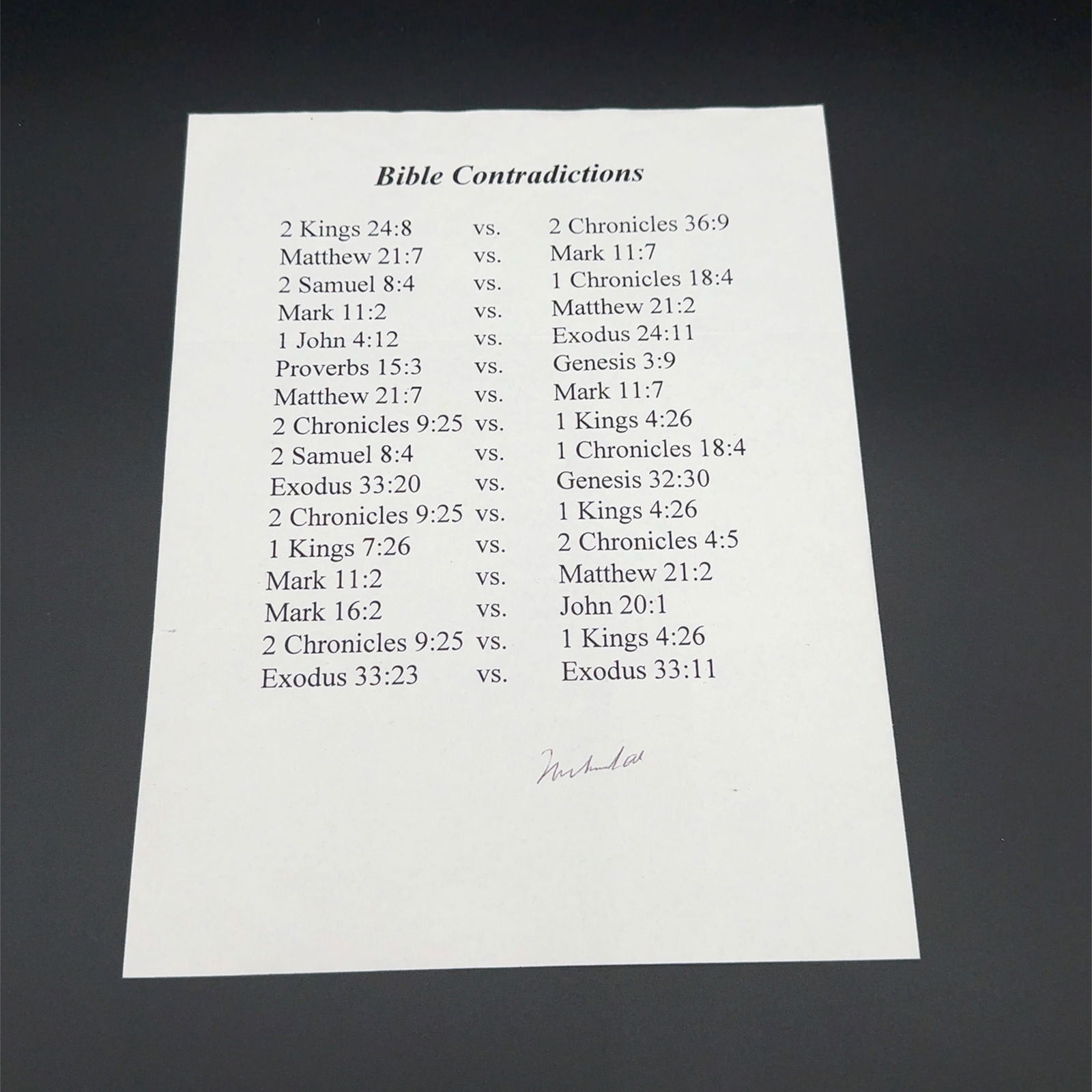 MUHAMMAD ALI AUTOGRAPHED "BIBLE CONTRADICTIONS" PAPER PSA AUTHENTICATED: Autographed "Bible Contradictions" paper by boxer Muhammad Ali. Includes PSA authentication letter. Sold as is, no reserve