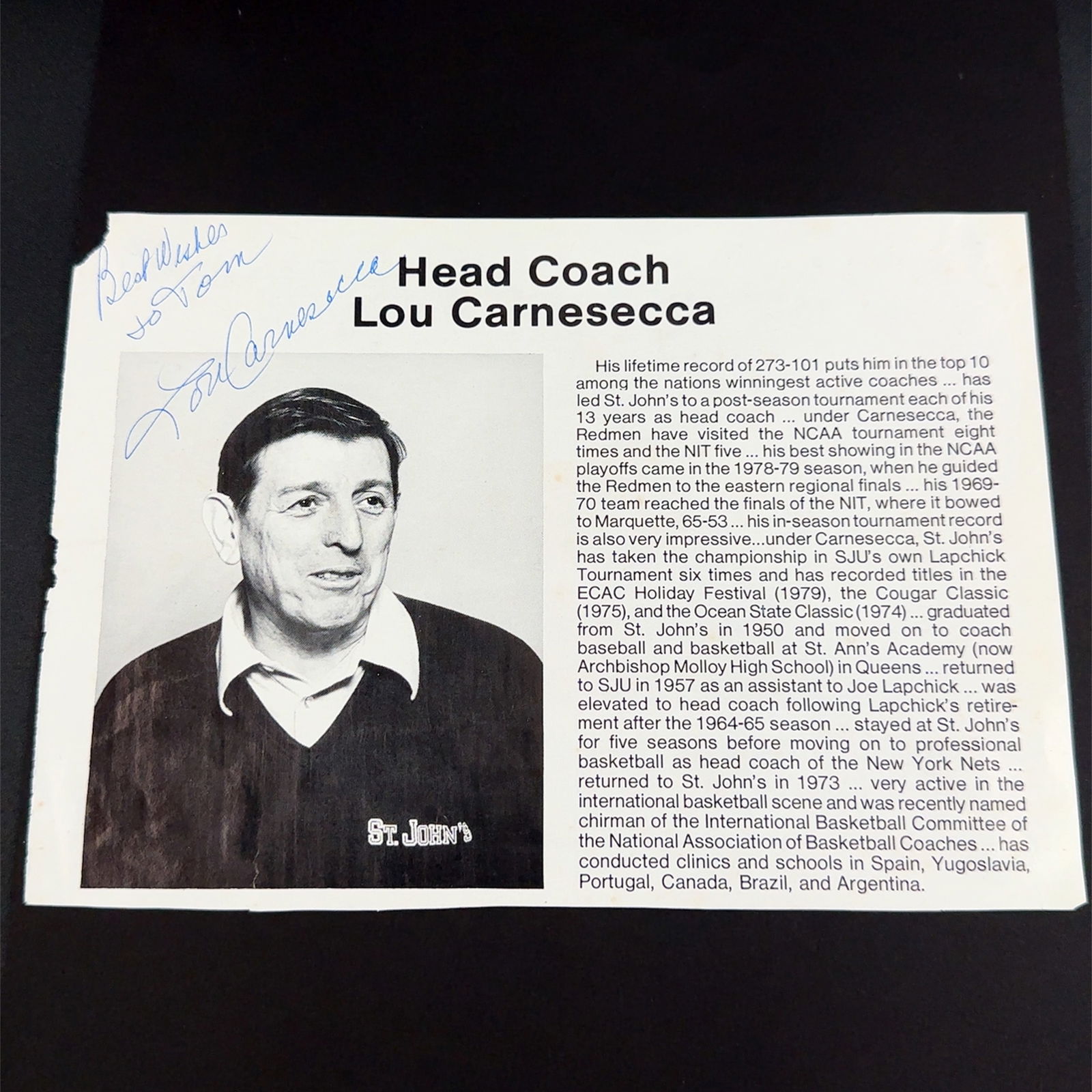 Lou Carnesecca Basketball Signed Article Clipping (1 of 1)