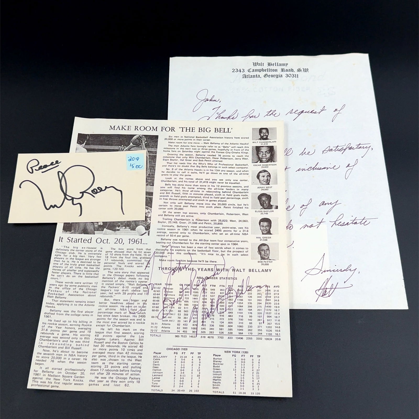Walt Bellamy Basketball Signed Magazine Article and Letter (1 of 2)