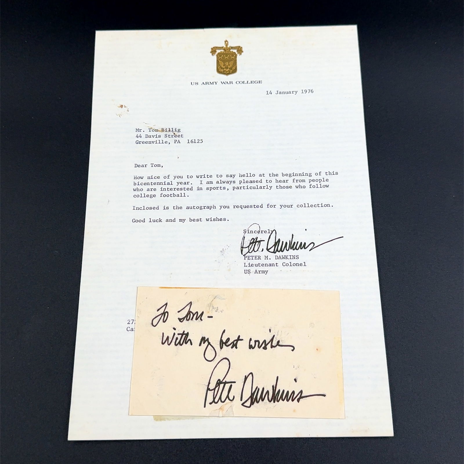 Pete Dawkins Army Football Autographed Card and Letter (1 of 1)