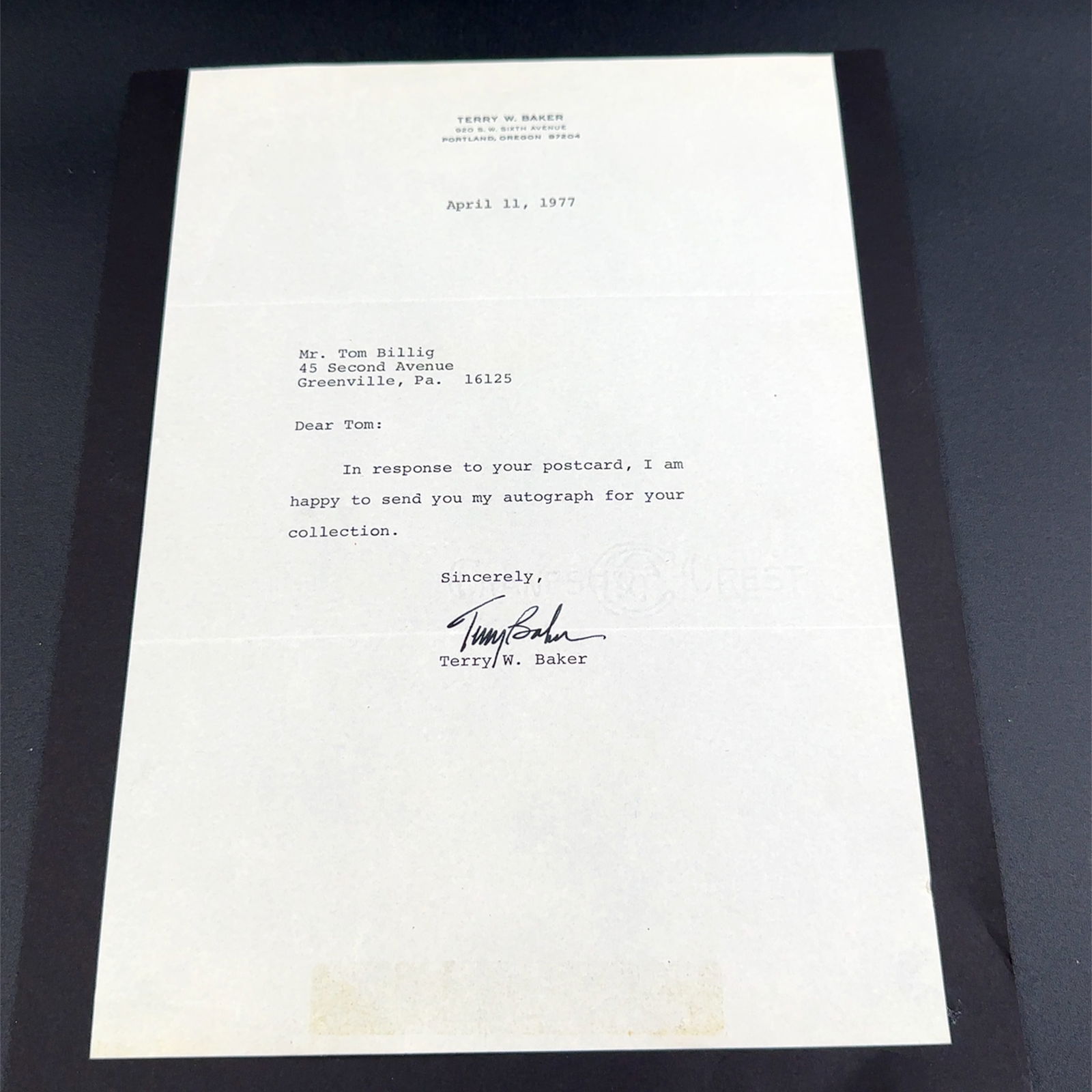 Terry Baker Autographed Letterhead (1 of 1)