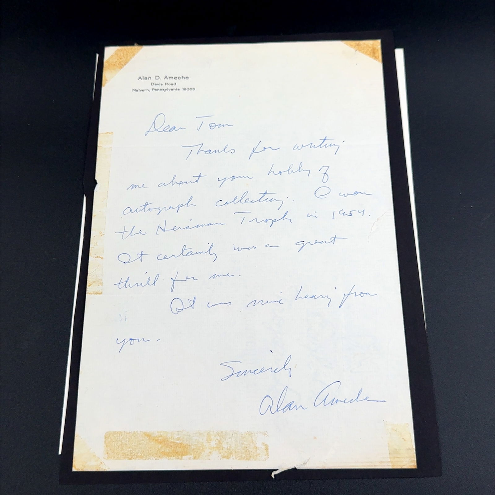 Alan Ameche Heisman Trophy Winner Personal Autographed Letter (1 of 1)