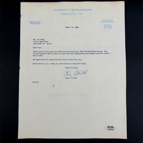 DEAN SMITH UNC BASKETBALL AUTOGRAPHED LETTER - PSA AUTHENTICATED