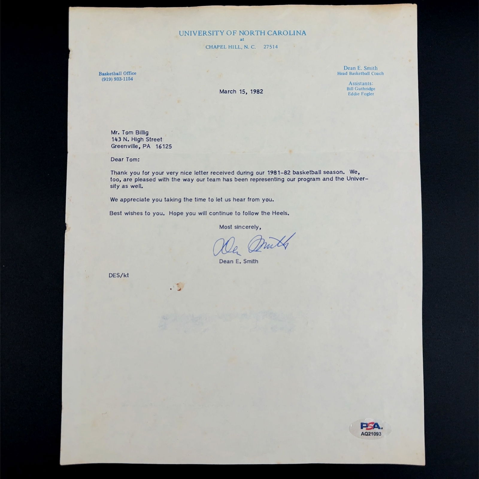 DEAN SMITH UNC BASKETBALL AUTOGRAPHED LETTER - PSA AUTHENTICATED (1 of 2)