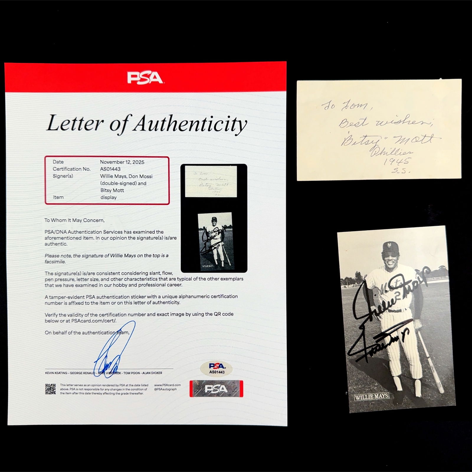 DON MOSSI, BITSY MOTT, WILLIE MAYS AUTOGRAPH SET, PSA AUTHENTICATED (1 of 5)