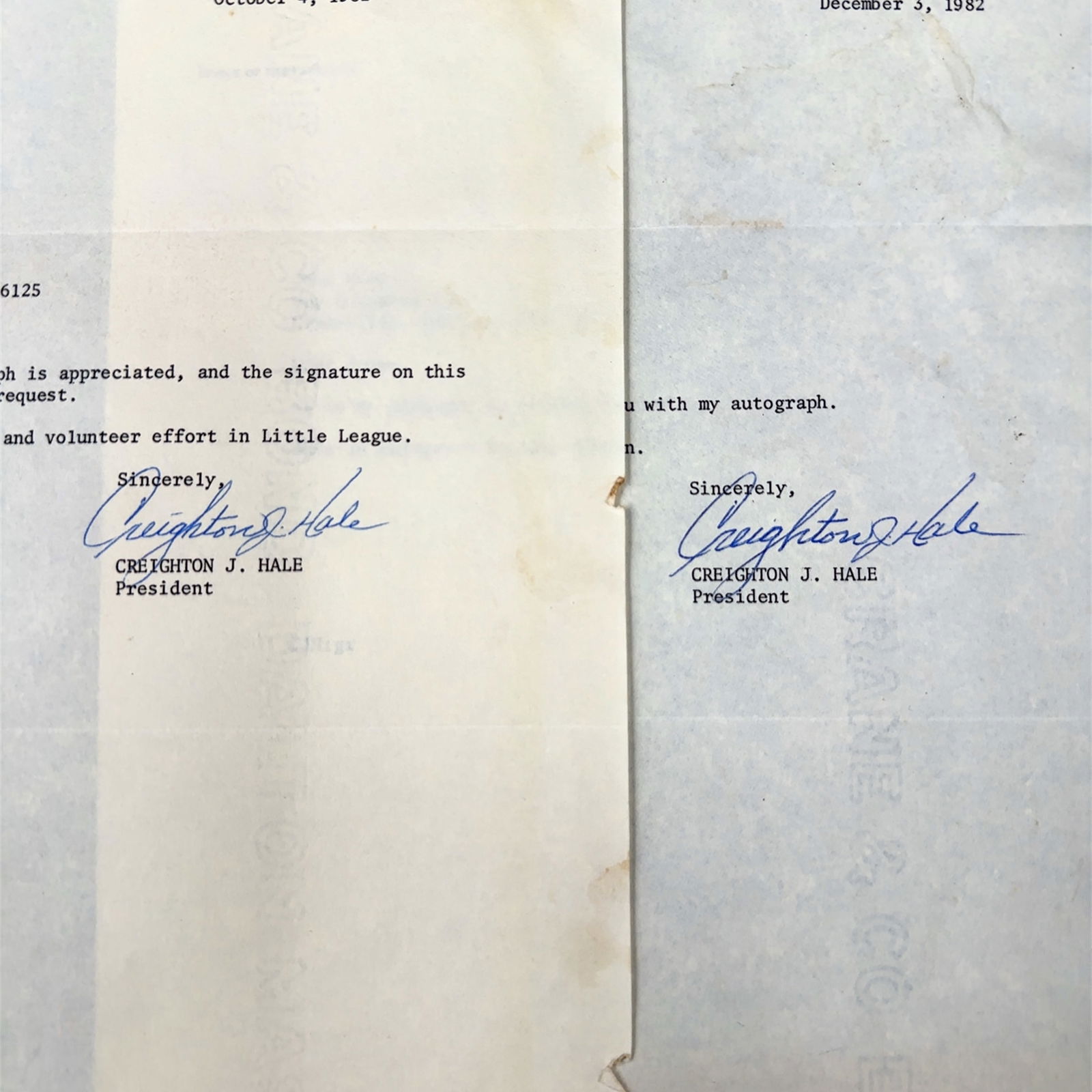 LOT OF TWO Creighton J. Hale Little League Baseball Autographed Letters (1 of 3)