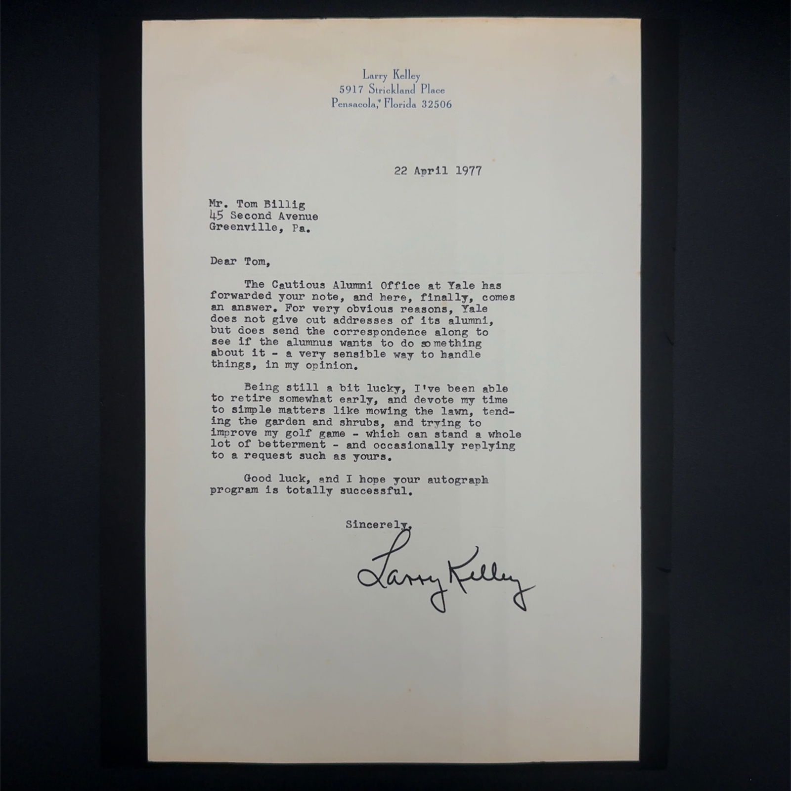 Larry Kelley Yale Football Autographed Letter (1 of 1)