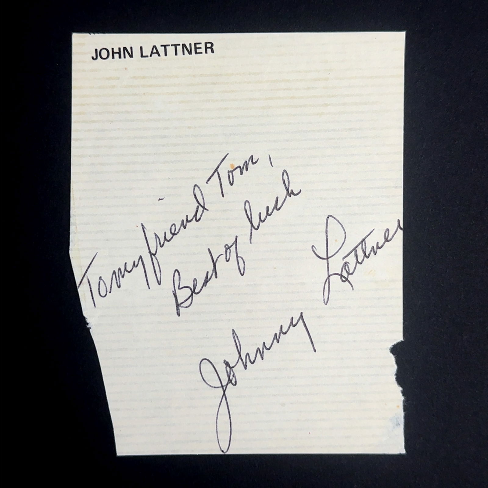 Johnny Lattner Autograph: Paper with autograph from football player Johnny Lattner. Sold as is.