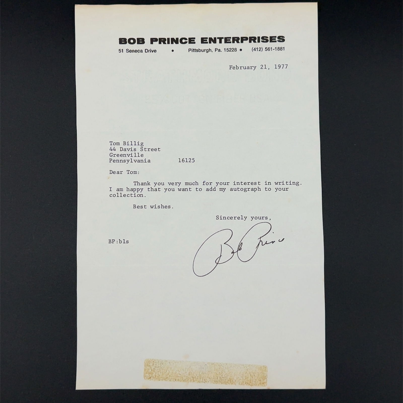 Bob Prince Autographed Letter (1 of 2)