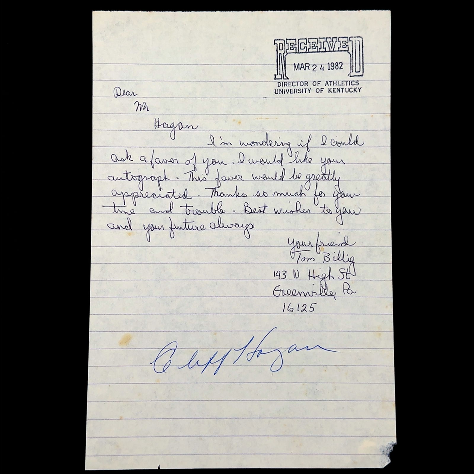 Cliff Hagan Autographed Letter (1 of 1)