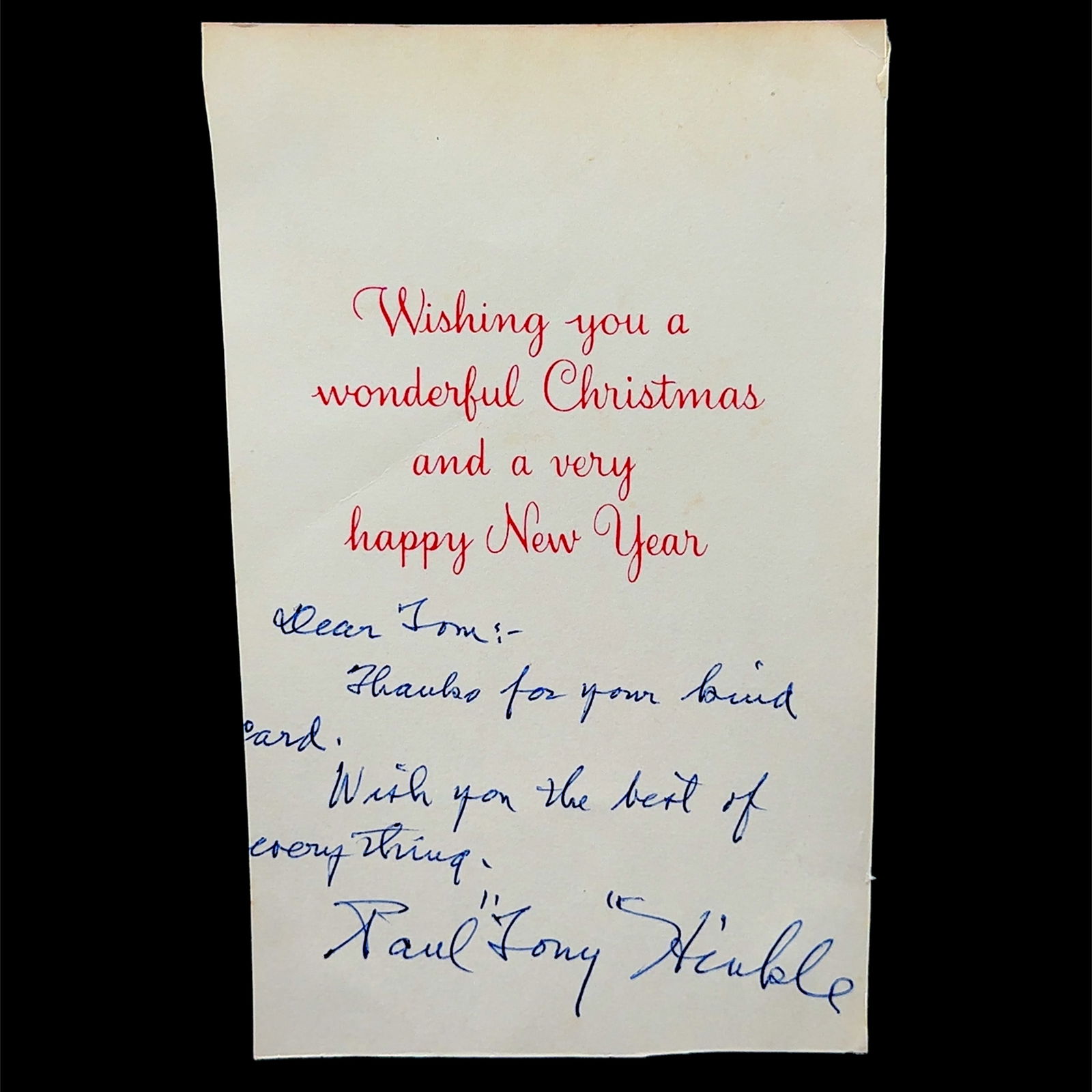Tony Hinkle Autographed Christmas Card (1 of 1)