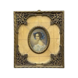 19th Century French Handpainted Miniature Portrait with Ivory and Guilt Bronze Frame: 19th century French handpainted and artist-signed miniature portrait with ivory and gilt bronze frame, with its original curved protective glass cover, 8 x 9 cm. Combined shipping is available for thi