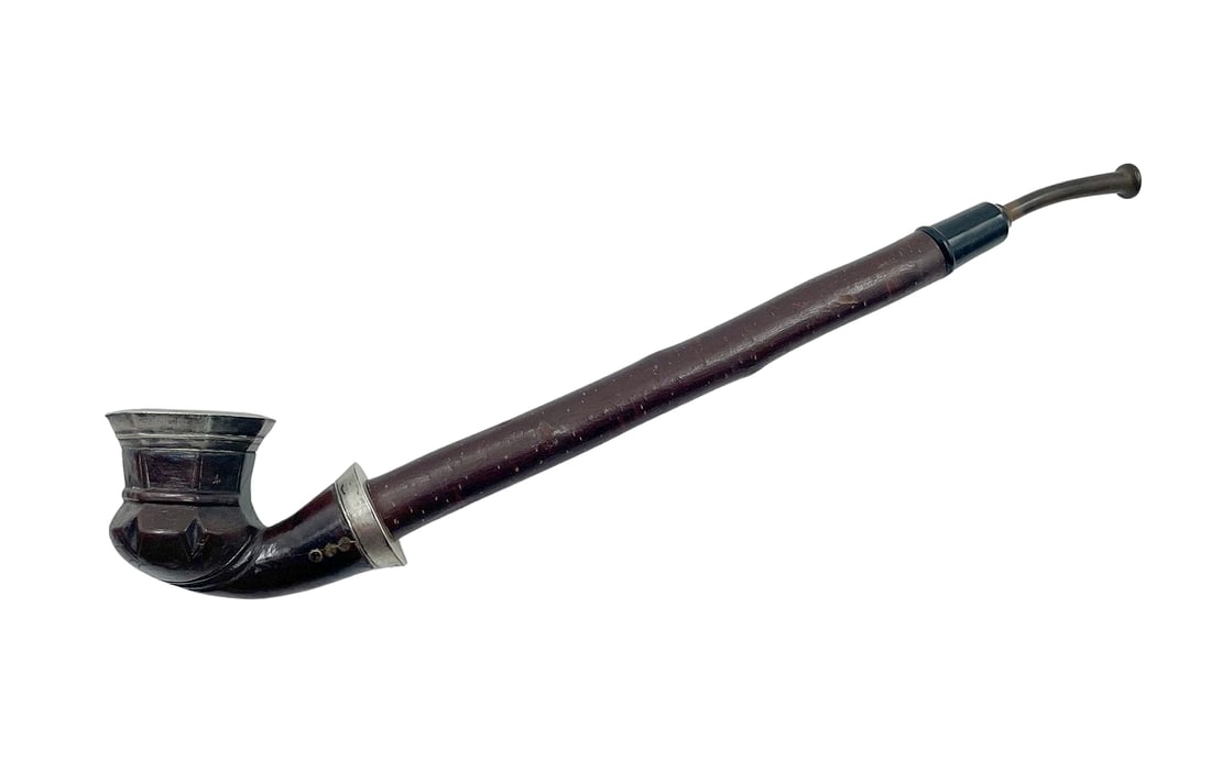19th century Ottoman Turkish Wooden and Silver "CHIBOUK" Smoking Pipe: 19th century Ottoman Turkish wooden and silver "chibouk" smoking pipe, the mouthpiece is made of horn, total length is 32 cm