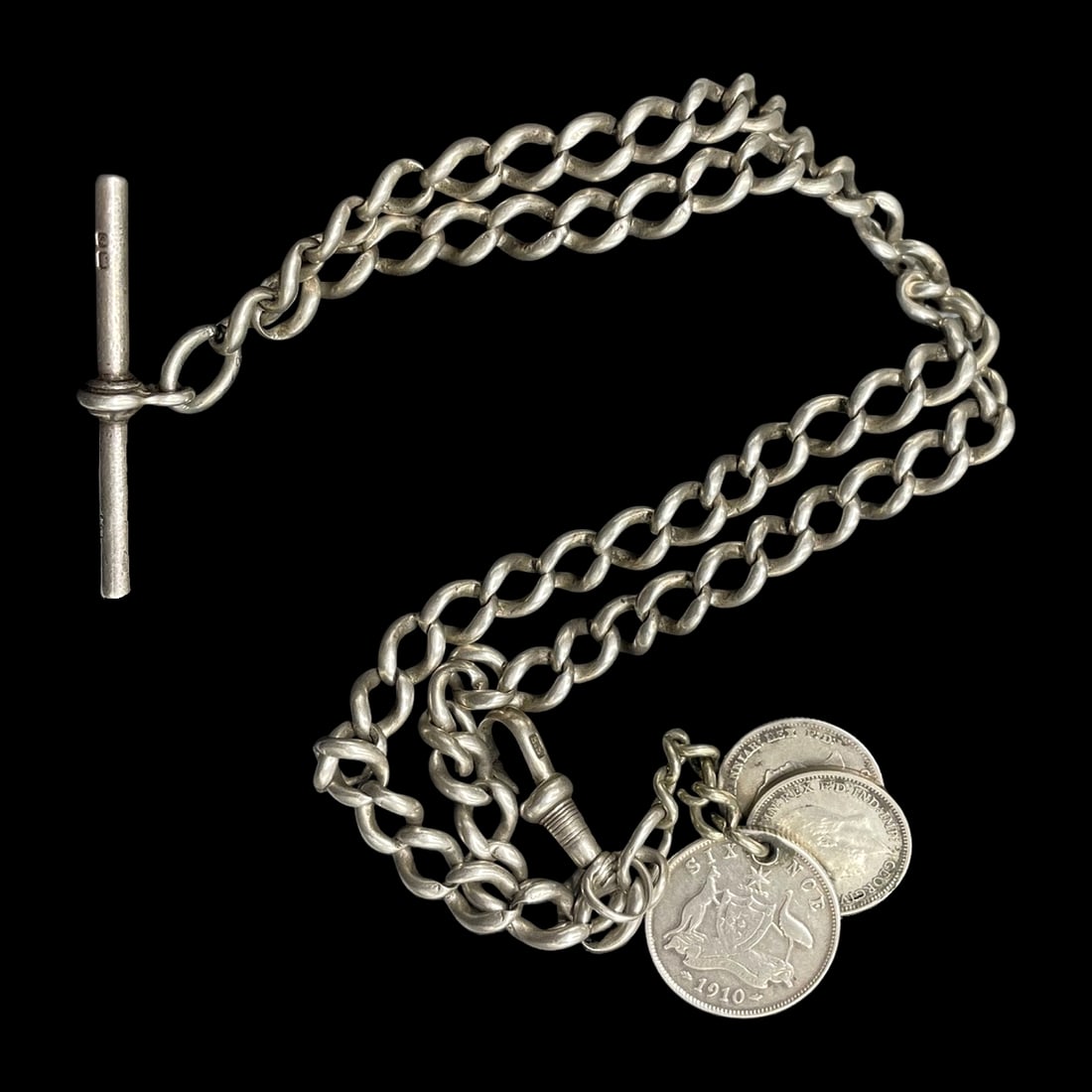 English Edward Pairpoint Hallmarked Sterling Silver Pocket Watch Chain w/ Silver English Coins: English Edward Pairpoint hallmarked sterling silver pocket watch chain decorated with 1836 silver four-pence, 1910 silver six-pence, 1934 silver 3-pence coins. 40.7 grams, 28.5 cm long. Combined shipp