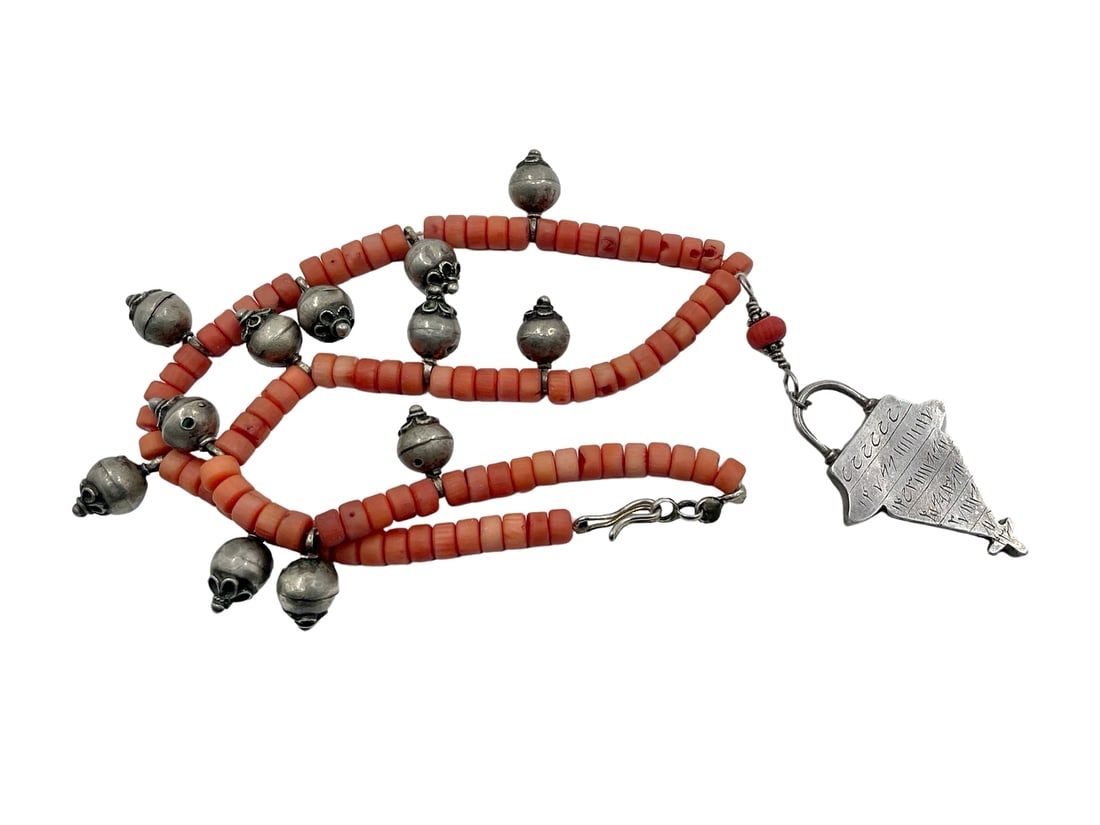 Ottoman Turkish Islamic Natural Tunisian Coral and Silver Protective Talisman Amulet Necklace: Ottoman Turkish Islamic natural Tunisian coral and silver protective amulet talisman amulet necklace, on its silver pendant there are protective spells and talismans written in elegant calligraphy, 33