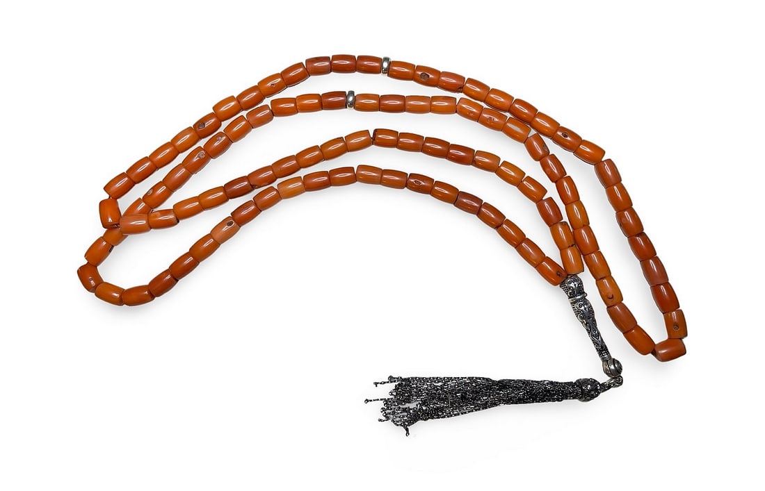 19th Century Islamic Natural Tunisian Coral Prayer Beads Rosary: 19th century Islamic natural Tunisian coral prayer beads misbaha rosary. With the silver tassel and the stops. 98.3 grams, Each bead is 1 cm long.