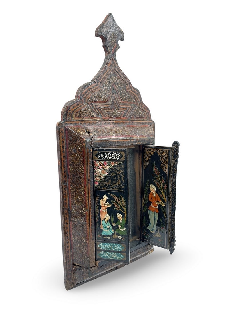 19th Century Persian Qajar Period Khatam Wall Mirror Decorated with Handpainted Miniatures: 19th century Persian orientalist Qajar period khatam wall mirror decorated with handpainted miniatures, 22 x 50 cm