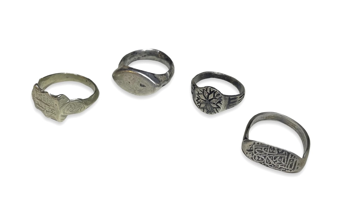 Lot of (4) Middle Eastern Islamic Tribal Silver Rings: Lot of (4) Middle Eastern Islamic tribal silver rings. 23.1 grams in total. US sizes 7.5 and 8. Combined shipping is available for this item.