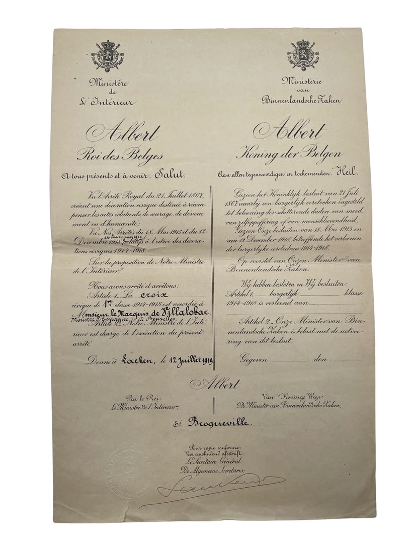 1919 Certificate of Belgium Belgian Order of Civic Cross 1st Class in the name of Marquis of: 1919 Certificate of Belgium Belgian Order of Civic Cross 1st Class in the name of Marquis of Villalobar signed by the Minister of Inerior on behalf of King of Belgium to confirm that M. Villalobar was