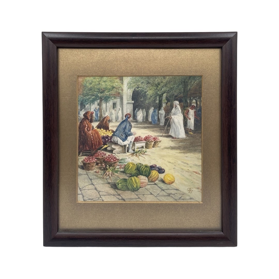 1920's Orientalist Artist Signed Watercolor (Arabian Fruit Seller): 1920's Orientalist artist signed watercolor (Arabian Fruit Seller) with its original passepartout. 27.5 x 30 cm with the frame. The shipping price indicated here is for the watercolors without the fra