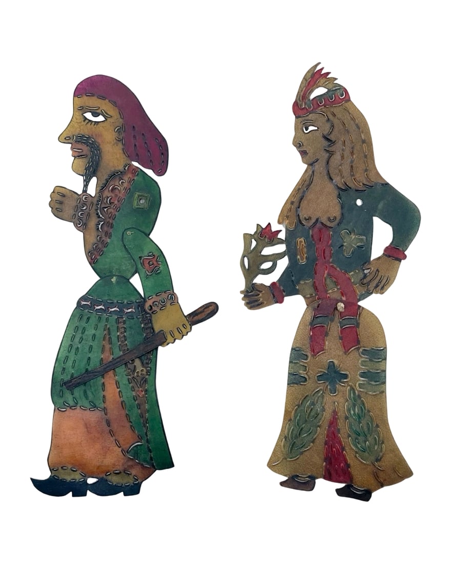 Lot of (2) Mid-20th Century Turkish Shadow Theater Characters: Lot of (2) mid-20th century Turkish shadow theater characters made of leather, both 26.5 cm
