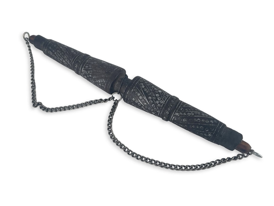 19th Century Ottoman Turkish Silver Inlaid Wooden Double Sided Gunpowder Flask: Description: 19th century Ottoman Turkish silver inlaid wooden double sided gunpowder flask, 24 cm. Condition: in good condition Inhouse worldwide shipping, including handling, $45; no hidden fees.