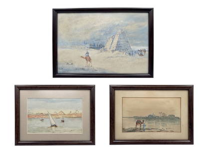 Lot of (3) 1920's Cairo Watercolors: Description: Lot of (3) 1920's Cairo orientalist watercolors; two of them signed M.Preston; the other one signed E.H. The sizes with the frames are respectively 22 x 31.5 cm, 18.5 x 26 cm, and 20 x
