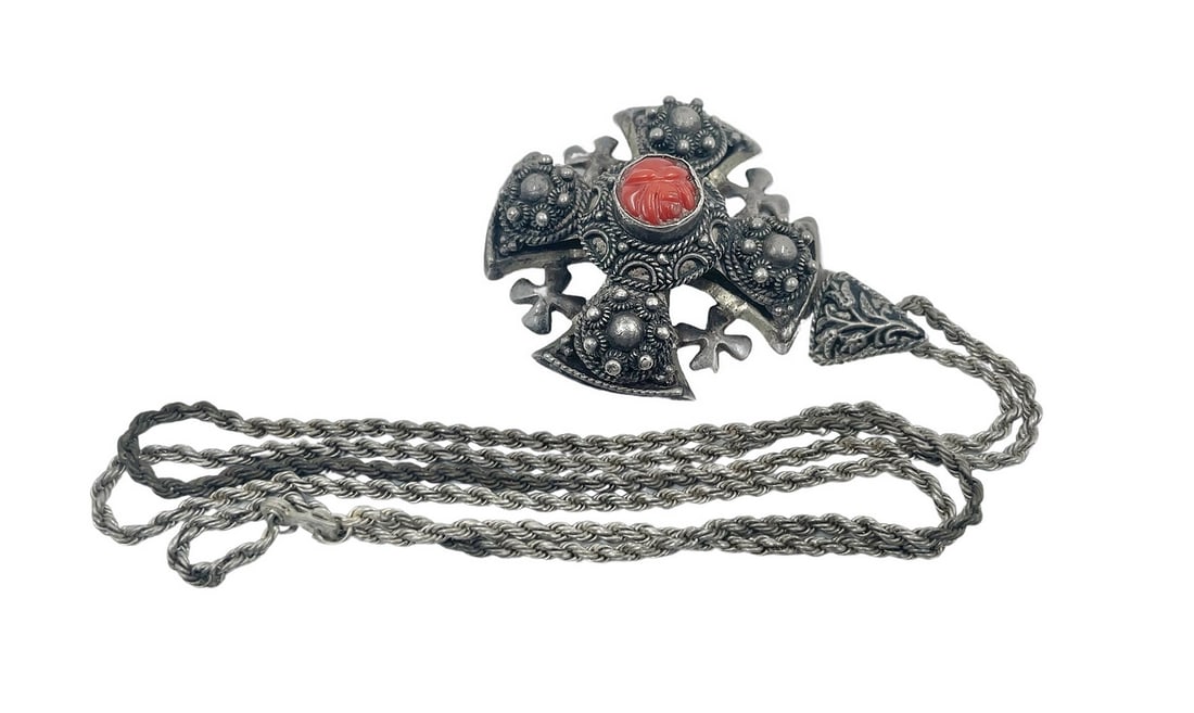 Jerusalem 935 Hallmarked Sterling Silver Maltese Cross Necklace with Rose-Carved Coral (1 of 7)