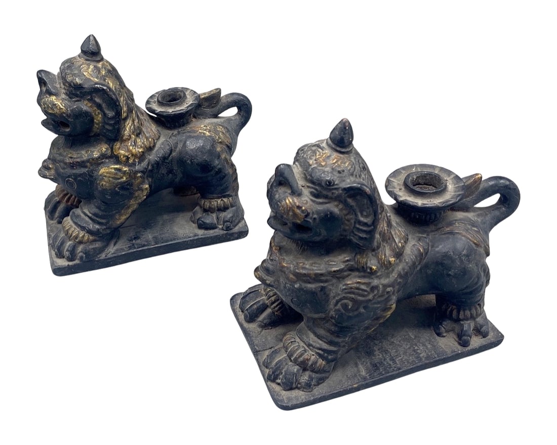 Pair of 19th Century Chinese Gilt Terracotta Foo Dog Candle Holders (1 of 9)