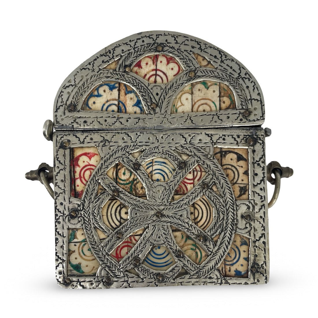 North African Moroccan Islamic Bone and Metal Gunpowder Flask: Description: North African Islamic Moroccan bone and metal gunpowder flask, 11,5 x 13,5 cm Condition: in good condition Inhouse worldwide shipping, including handling, $45; no hidden fees.