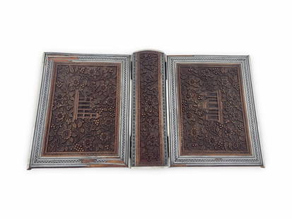 19th Century Anglo Indian Handcarved Book Cover: Description: 19th century Anglo Indian handcarved book cover. When open, 29 x 15.5 cm. When closed, 13 x 15.5 cm. There are some missing parts on the inlay. Inhouse worldwide shipping, including