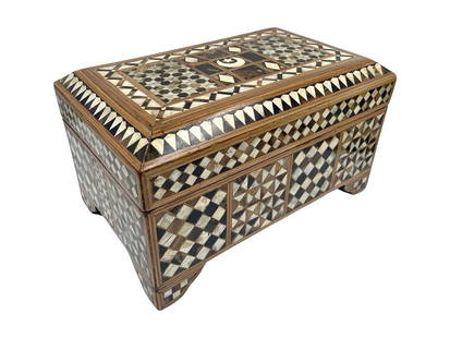 Rare Ottoman Turkish Islamic Mother of Pearl Inlaid Chest Box: Description: 19th-20th century rare Ottoman Turkish Islamic mother of pearl inlaid chest box, 40 cm long, 21 cm high. Condition: in very good condition. Inhouse worldwide shipping, including handling,