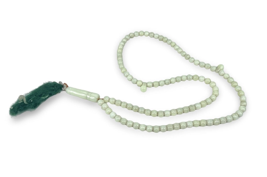 Very Rare Islamic Uranium Glass Prayer Beads Misbaha Rosary: Very rare and old Islamic uranium glass 99-bead prayer beads misbaha rosary, the beads are about 6 mm in diameter. Keywords: uranium glass uranium opaline scent bottle perfume bottle persian balkan gr