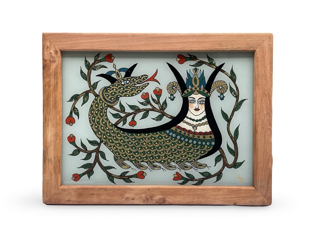 20th Century Turkish Underglass Painting: 20th century Turkish underglass Islamic painting depicting Shahmeran, a mythological half-snake and half-woman creature. The painting is signed by the artist. With the frame it measures 30 x 40 cm. Ke