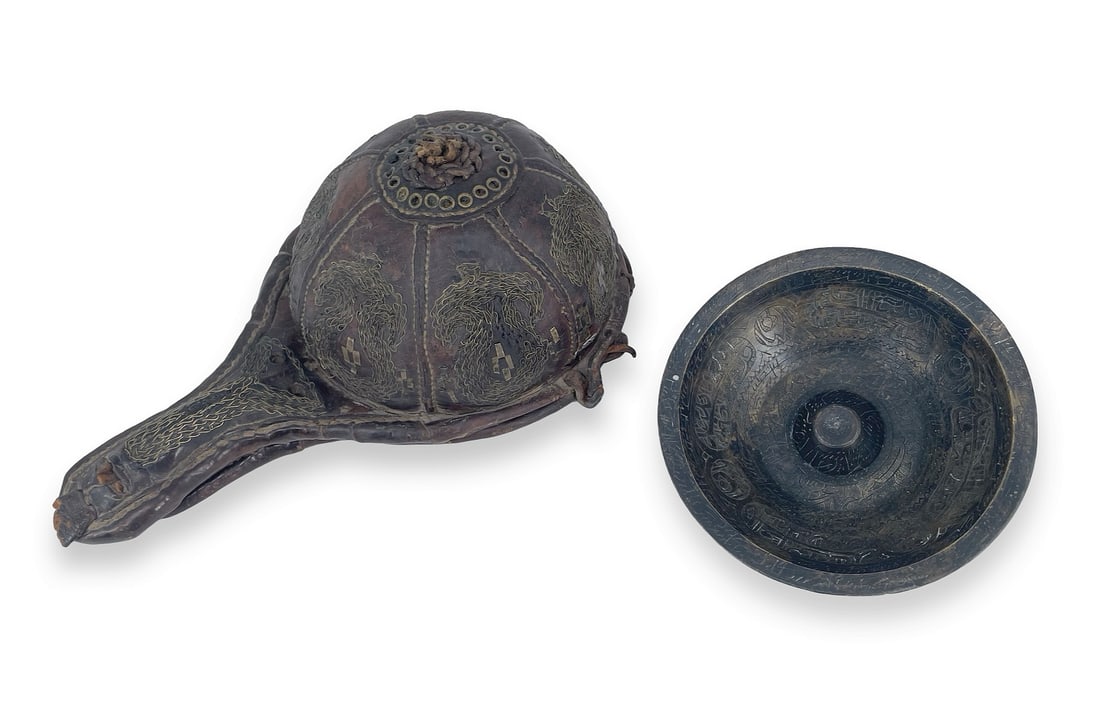 Islamic Middle Eastern Talismanic Healing Bowl with Its Leather Case: Description: Islamic Middle Eastern talismanic healing bowl with its leather case, the case is 29 cm, the bowl (14 cm) is decorated with talismanic prayers and writings inside and outside. Condition: 