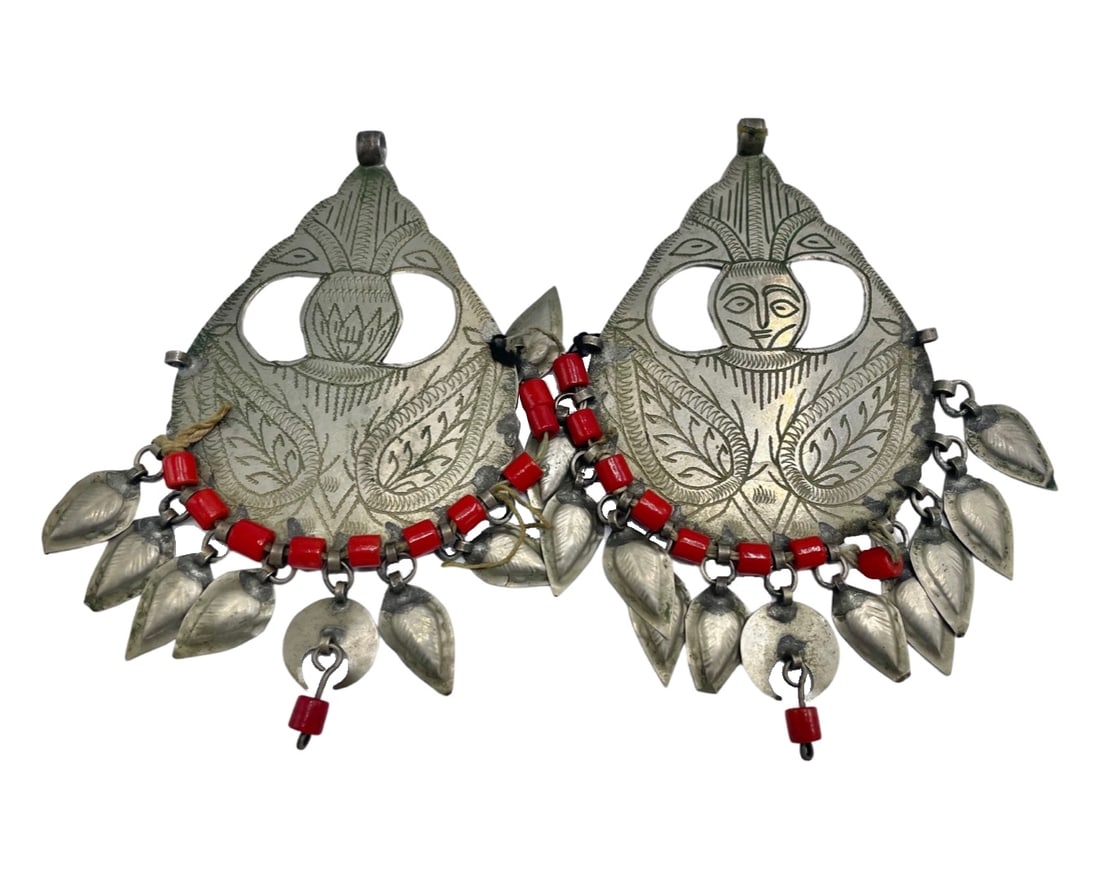 Pair of Armenian White Metal Pendants: Description: Pair of Armenian white metal pendants decorated with seraphim figures. 9 cm each. Condition: They show their age, but no visible damages. Inhouse worldwide shipping, including handling: $
