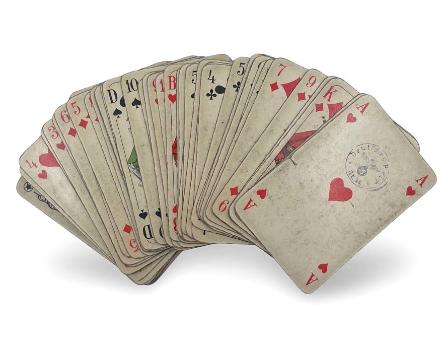 WWII German Third Reich Playing Cards: Description: WWII German Third Reich playing cards, full deck, Nazi stamp on the ace of hearts, three jokers. Condition: in very good condition. Inhouse worldwide shipping, including handling: $30. Th