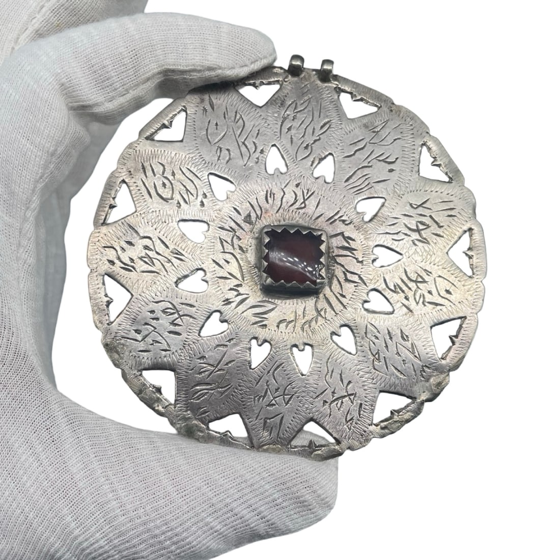 Islamic Middle Eastern Silver Talismanic Pendant: Islamic Middle Eastern silver talismanic pendant decorated with a carnelian stone / agate. 8,5 cm. Worldwide shipping: $25. IMPORTANT NOTES We provide domestic US bank account for payments from the US