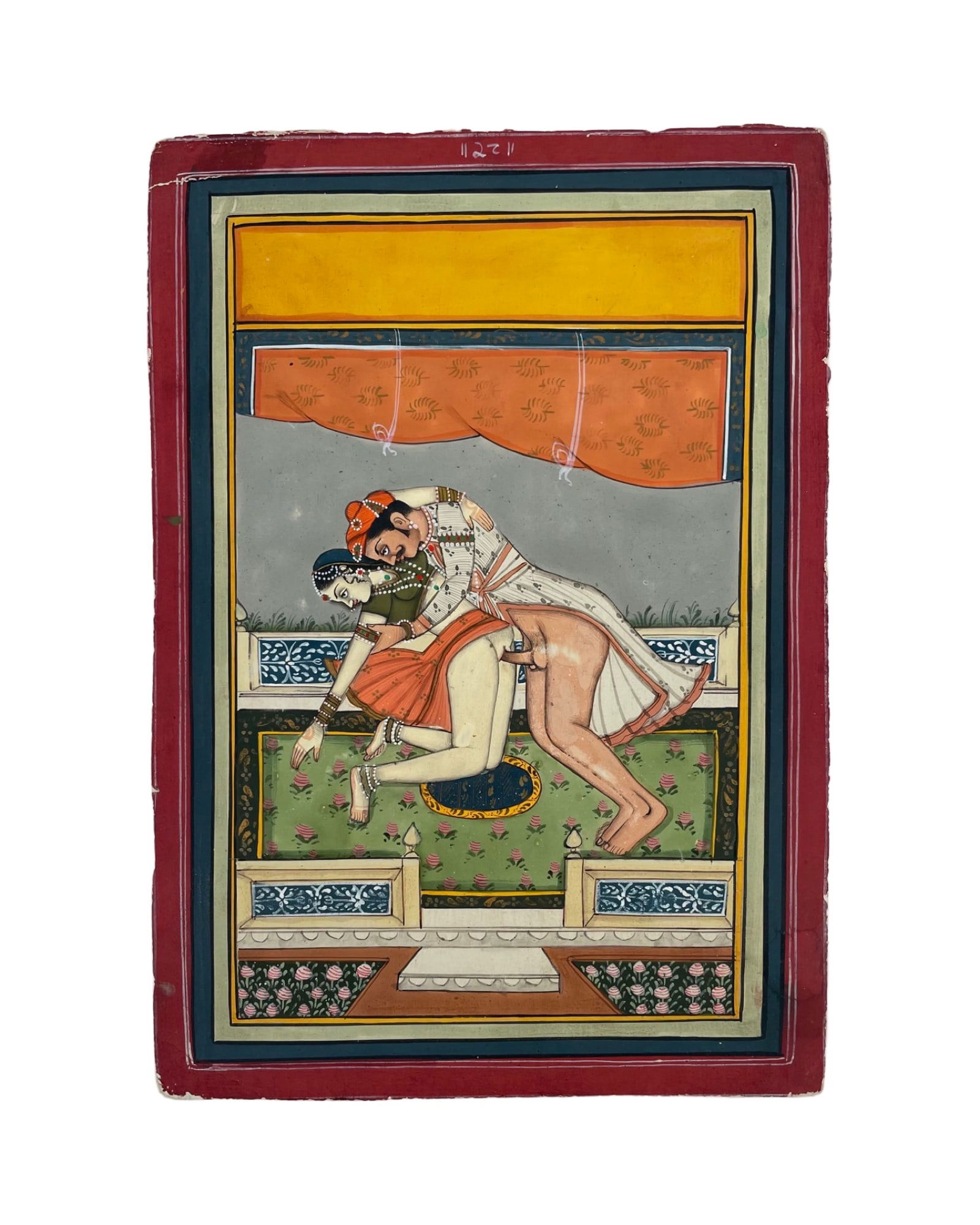 1820-1850 Indian Erotic Illustration for Kama Sutra: 1820-1850 Indian Erotic Illustration miniature for Kama Sutra, Kamasutra, Kama Shastra, Jaipur / Bundi school of painting with its characteristic vivid colors and great detail. 20 x 24 cm. In very goo