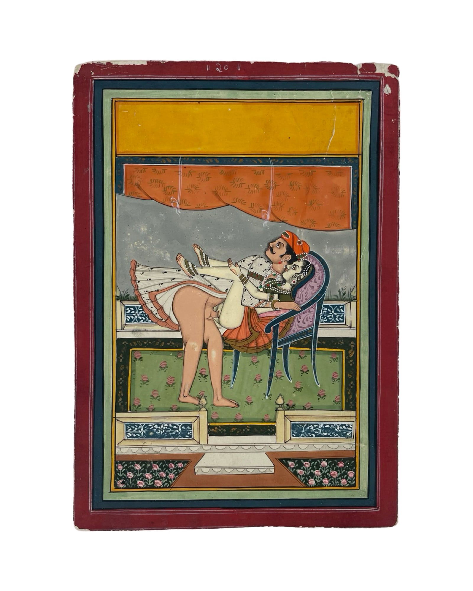 1820-1850 Indian Erotic Illustration for Kama Sutra: 1820-1850 Indian Erotic Illustration miniature for Kama Sutra, Kamasutra, Kama Shastra, Jaipur / Bundi school of painting with its characteristic vivid colors and great detail. 20 x 24 cm. In very goo