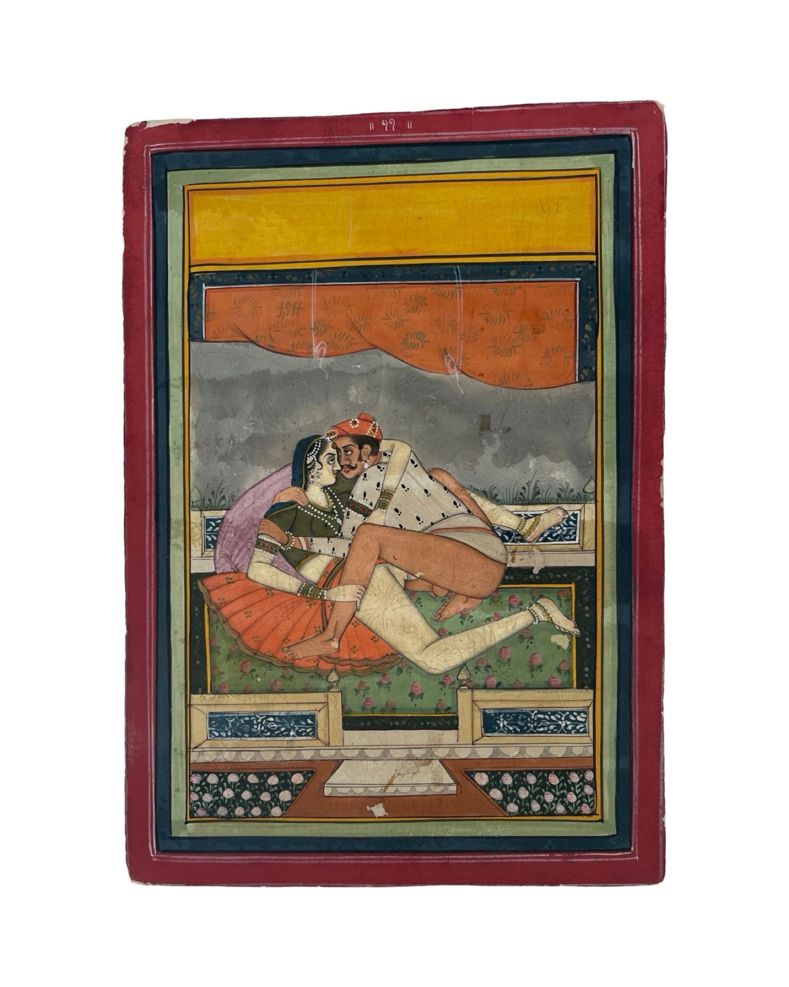 1820-1850 Indian Erotic Illustration for Kama Sutra: 1820-1850 Indian Erotic Illustration miniature for Kama Sutra, Kamasutra, Kama Shastra, Jaipur / Bundi school of painting with its characteristic vivid colors and great detail. 20 x 24 cm. In very goo