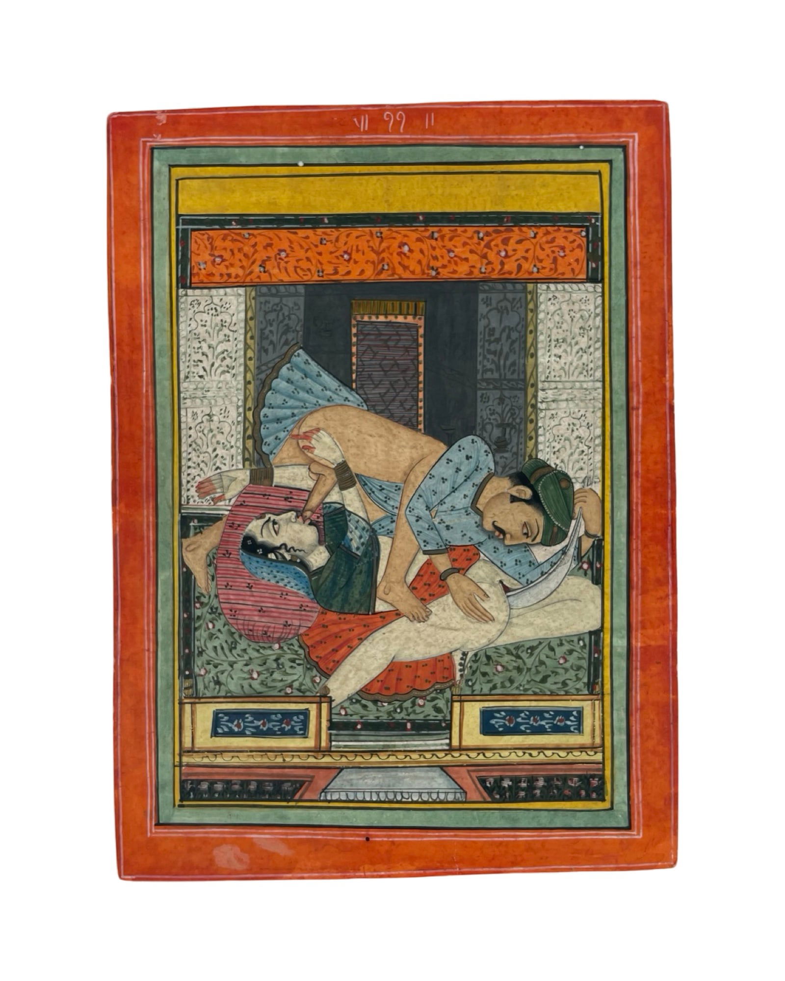 1820-1850 Indian Erotic Illustration for Kama Sutra: 1820-1850 Indian Erotic Illustration miniature for Kama Sutra, Kamasutra, Kama Shastra, Jaipur / Bundi school of painting with its characteristic vivid colors and great detail. 20 x 24 cm. In very goo